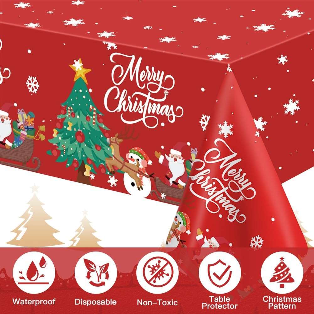 Christmas Tablecloth, 2PCS Disposable Red Plastic Tablecloth, 54 x 108 Inch Christmas Decorations Table Cloth, Xmas Tree Snowman Table Cover for Rectangle Tables for Xmas Holiday Party Favors Supplies - Image 4