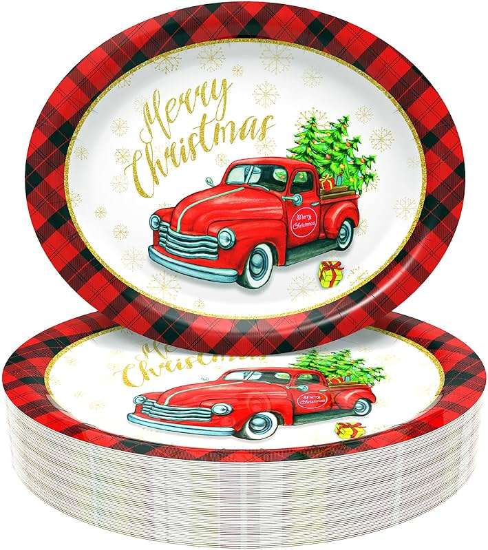 Tbsone 50-Count Christmas Disposable Paper Plates: Large Oval Heavy-Duty Dinnerware Set for Party Supplies and Holiday Dinner Table Decorations, 10.2 x 12.6 Inch (Christmas-Car) - Image 1