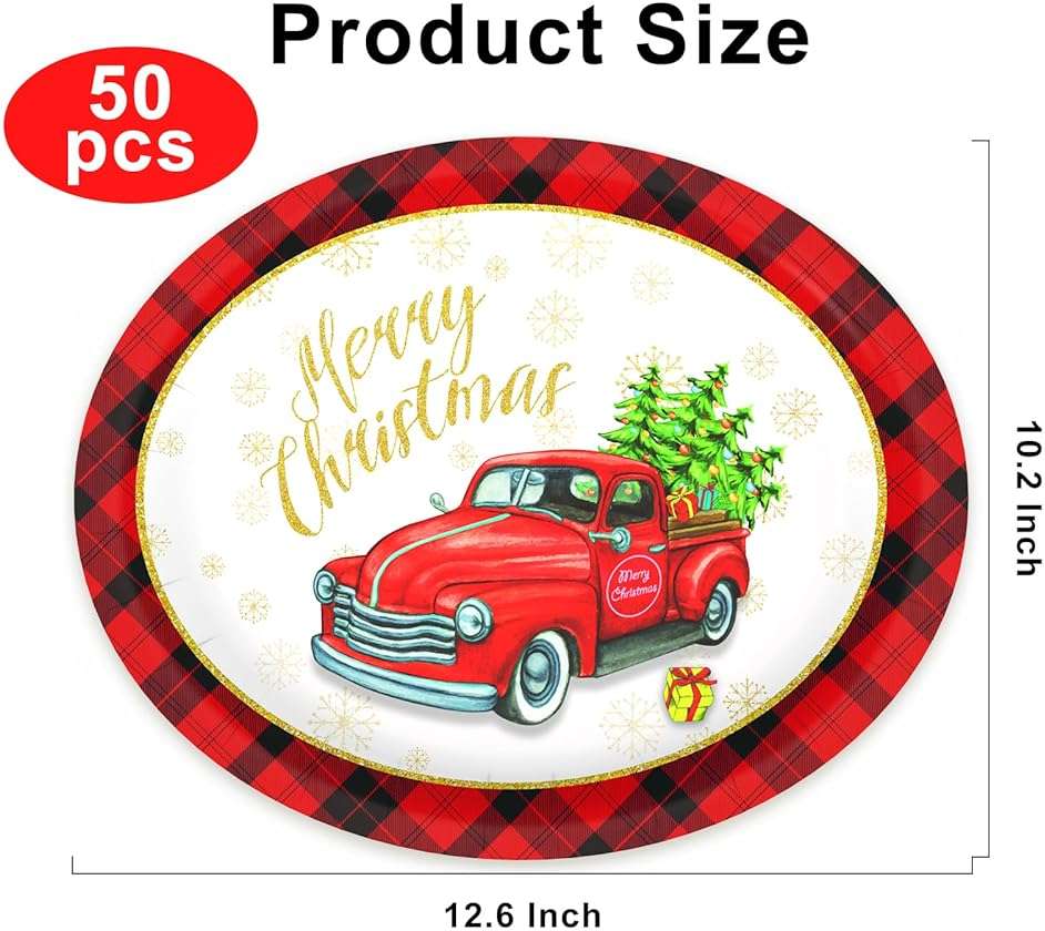 Tbsone 50-Count Christmas Disposable Paper Plates: Large Oval Heavy-Duty Dinnerware Set for Party Supplies and Holiday Dinner Table Decorations, 10.2 x 12.6 Inch (Christmas-Car) - Image 3