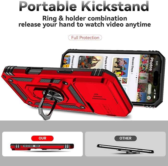 SunStory Phone Case for iPhone 16 Pro Max Case with HD Screen Protector & Slide Camera Cover & Rotated Ring Kickstand, [Military-Grade] Phone Case for iPhone 16 Pro Max 6.9",Red - Image 4