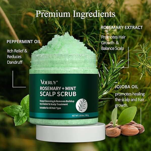 VOERUY Scalp Scrub, Rosemary Scalp Exfoliator Scrub Shampoo, 2-in-1 Scalp Treatment with Mint Oil, Hair Treatment to Clarify and Remove Build Up with Silicone Scalp Massager, 10.6oz/300g - Image 3