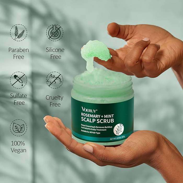 VOERUY Scalp Scrub, Rosemary Scalp Exfoliator Scrub Shampoo, 2-in-1 Scalp Treatment with Mint Oil, Hair Treatment to Clarify and Remove Build Up with Silicone Scalp Massager, 10.6oz/300g - Image 5