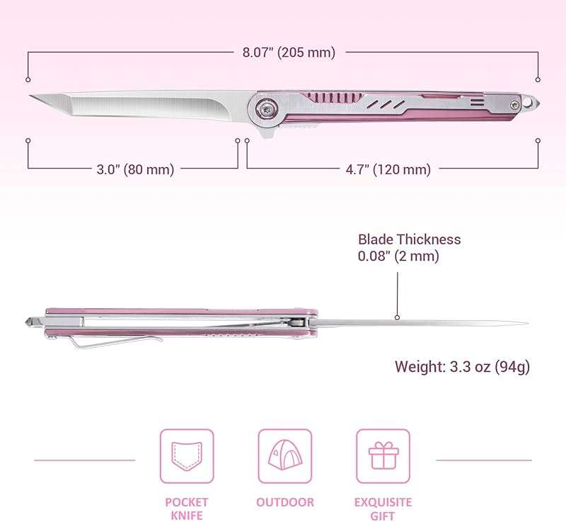 FUNBRO Pink Pocket Knife for Women - Slim EDC Knife with 7CR13Mov Steel Tanto Blade, Clip and Glass Breaker - Womens Knife for Self Defense - Cute Girl Survival Tool Pocket & Folding Knives - Image 2