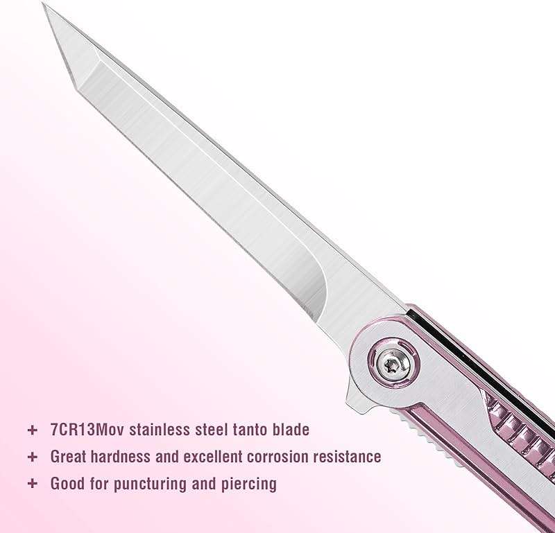 FUNBRO Pink Pocket Knife for Women - Slim EDC Knife with 7CR13Mov Steel Tanto Blade, Clip and Glass Breaker - Womens Knife for Self Defense - Cute Girl Survival Tool Pocket & Folding Knives - Image 3