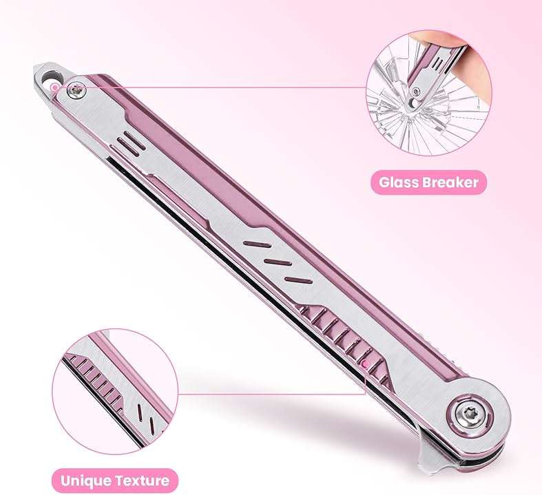 FUNBRO Pink Pocket Knife for Women - Slim EDC Knife with 7CR13Mov Steel Tanto Blade, Clip and Glass Breaker - Womens Knife for Self Defense - Cute Girl Survival Tool Pocket & Folding Knives - Image 4