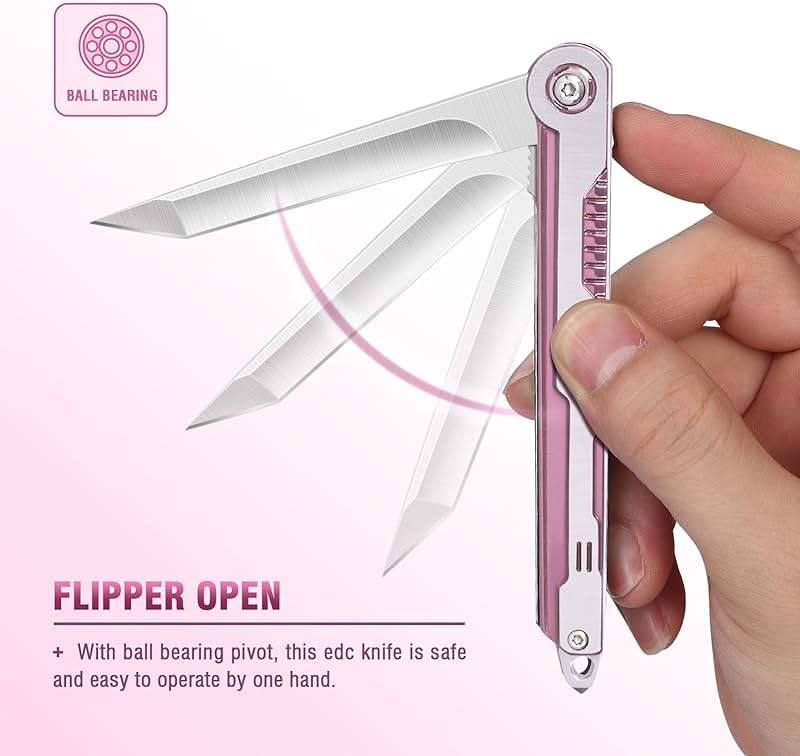 FUNBRO Pink Pocket Knife for Women - Slim EDC Knife with 7CR13Mov Steel Tanto Blade, Clip and Glass Breaker - Womens Knife for Self Defense - Cute Girl Survival Tool Pocket & Folding Knives - Image 5