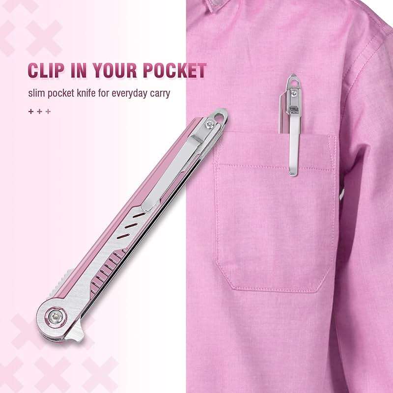 FUNBRO Pink Pocket Knife for Women - Slim EDC Knife with 7CR13Mov Steel Tanto Blade, Clip and Glass Breaker - Womens Knife for Self Defense - Cute Girl Survival Tool Pocket & Folding Knives - Image 6