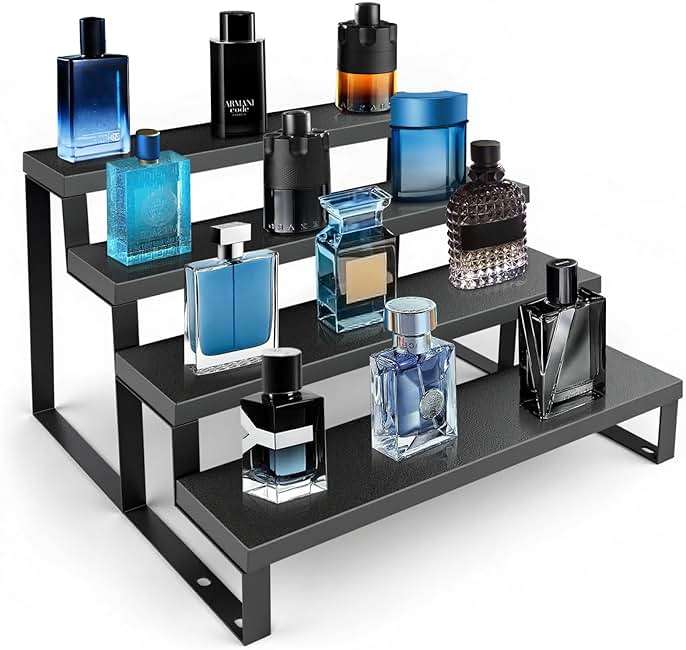 Wood Cologne Organizer for Men,12 Inch 4 Tier Cologne Stand Waterproof Perfume Organizer for Dresser with Anti-Slip Washers,Wooden Display Risers Stand for Party,Makeup,Figures,Cupcake,Perfume,Dessert - Image 1