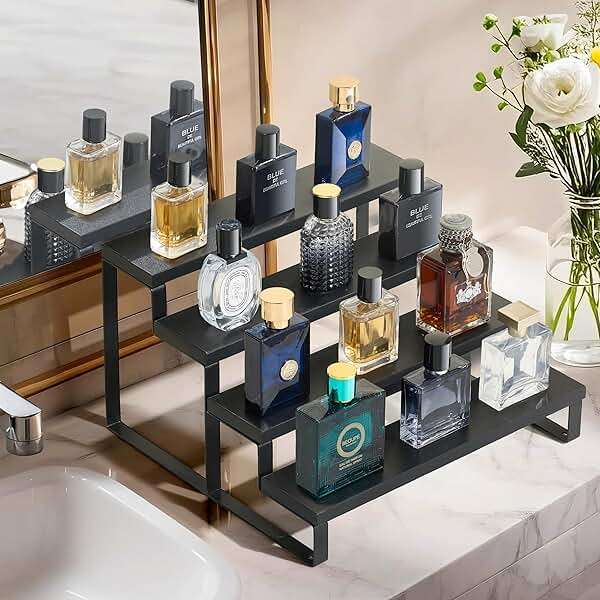 Wood Cologne Organizer for Men,12 Inch 4 Tier Cologne Stand Waterproof Perfume Organizer for Dresser with Anti-Slip Washers,Wooden Display Risers Stand for Party,Makeup,Figures,Cupcake,Perfume,Dessert - Image 4