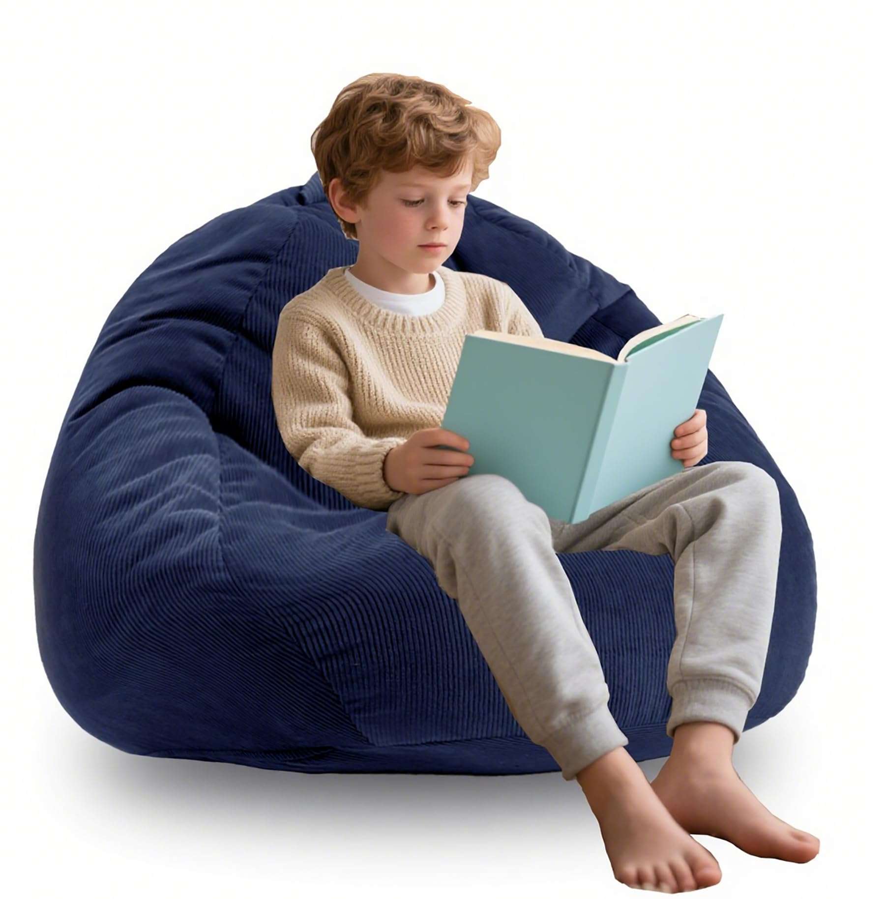 ENBAOHUI 3FT Memory Foam Bean Bag Chairs for Teens or Kids with Filling Bean Bag Sofa with Handle Super Soft Corduroy Fabric Lazy Sofa 3 Foot Navy Blue - Image 1