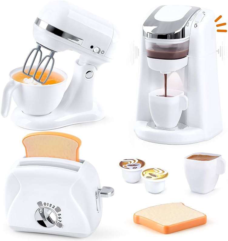Play Kitchen Appliances Toys, Kids Kitchen Playset Accessories, Pretend Play Toy Sets with Coffee Maker, Mixer, Toaster with Realistic Lights & Sounds, Gifts for Boys Girls Toddlers Ages 3+, White - Image 1