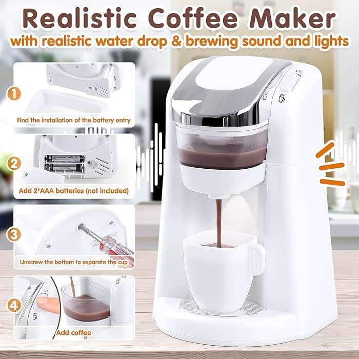 Play Kitchen Appliances Toys, Kids Kitchen Playset Accessories, Pretend Play Toy Sets with Coffee Maker, Mixer, Toaster with Realistic Lights & Sounds, Gifts for Boys Girls Toddlers Ages 3+, White - Image 3