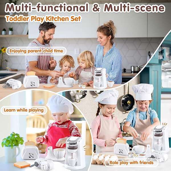 Play Kitchen Appliances Toys, Kids Kitchen Playset Accessories, Pretend Play Toy Sets with Coffee Maker, Mixer, Toaster with Realistic Lights & Sounds, Gifts for Boys Girls Toddlers Ages 3+, White - Image 6