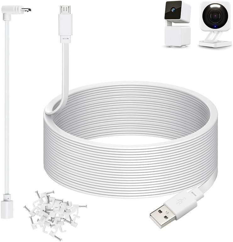 50ft Power Cable for Wyze Cam v4,Wyze Cam Pan v3,Wyze OG,Wyze Cam v3 and v3 Pro Security Cameras - 15m Long Flat Extension USB to Micro USB Charging Cord with L-Shaped Adapter, White - Image 1