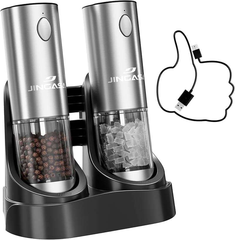 Electric Salt and Pepper Grinder Set, 95ml Large Capacity Automatic Pepper Mill with USB-C Charging Base & LED Light, Adjustable Coarseness Stainless Steel Spice Grinder 2-Piece Set - Image 1