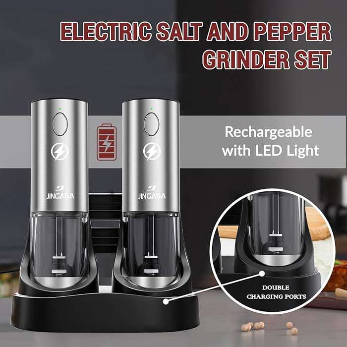 Electric Salt and Pepper Grinder Set, 95ml Large Capacity Automatic Pepper Mill with USB-C Charging Base & LED Light, Adjustable Coarseness Stainless Steel Spice Grinder 2-Piece Set - Image 2