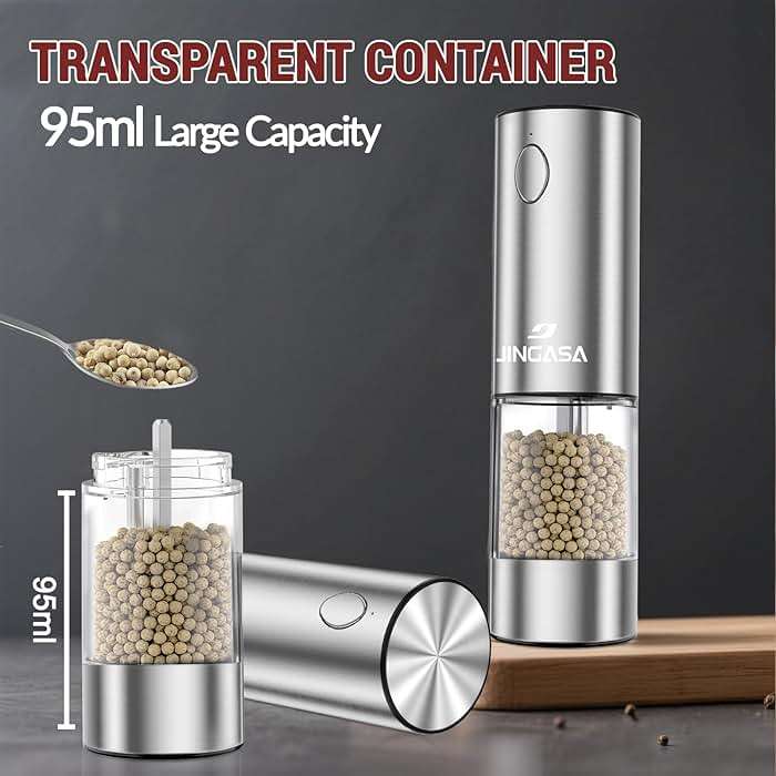 Electric Salt and Pepper Grinder Set, 95ml Large Capacity Automatic Pepper Mill with USB-C Charging Base & LED Light, Adjustable Coarseness Stainless Steel Spice Grinder 2-Piece Set - Image 3