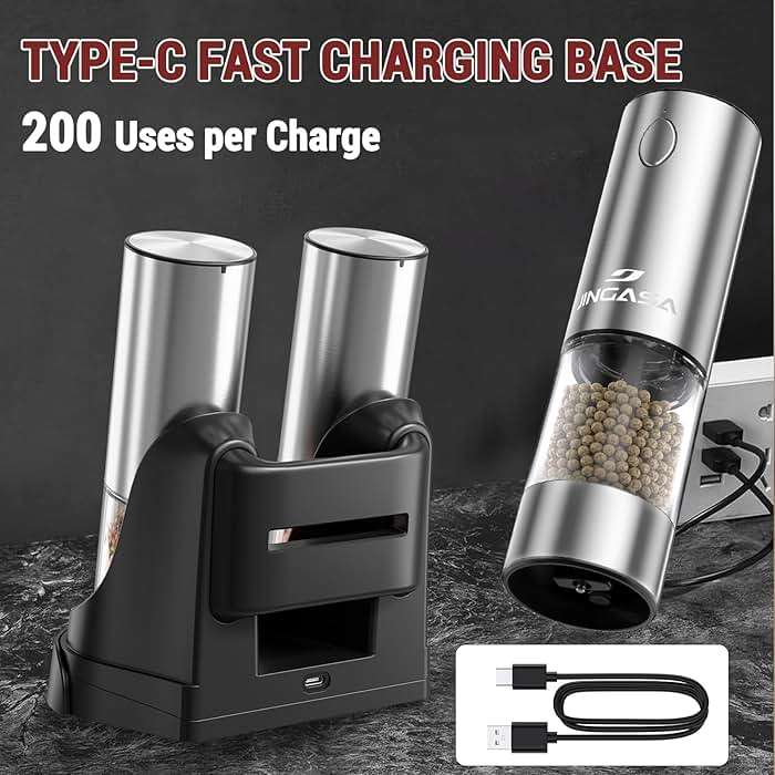 Electric Salt and Pepper Grinder Set, 95ml Large Capacity Automatic Pepper Mill with USB-C Charging Base & LED Light, Adjustable Coarseness Stainless Steel Spice Grinder 2-Piece Set - Image 5