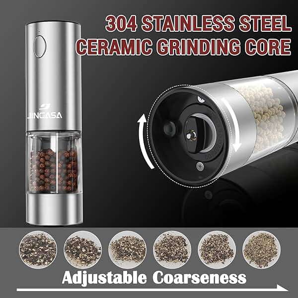 Electric Salt and Pepper Grinder Set, 95ml Large Capacity Automatic Pepper Mill with USB-C Charging Base & LED Light, Adjustable Coarseness Stainless Steel Spice Grinder 2-Piece Set - Image 6