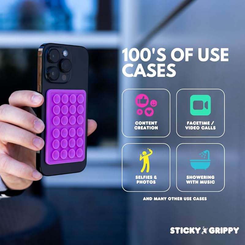 StickyGrippy Suction Phone Case Mount, Sillicon Adhesive Phone Accessory for iPhone and Android, Hands-Free Fidget Toy Mirror Shower Phone Holder, Tiktok Videos and Selfies (Purple Glitter) - Image 6