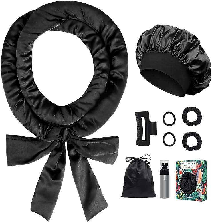 Gwabee Satin Heatless Curls Overnight Hair Curlers to Sleep In Hair Curler Rollers No Heat Hair Wrap for Curls Headband, 70" Satin Heatless Curling Rod Set for Women Long Waves Hair Volume -Black 9PCS - Image 1