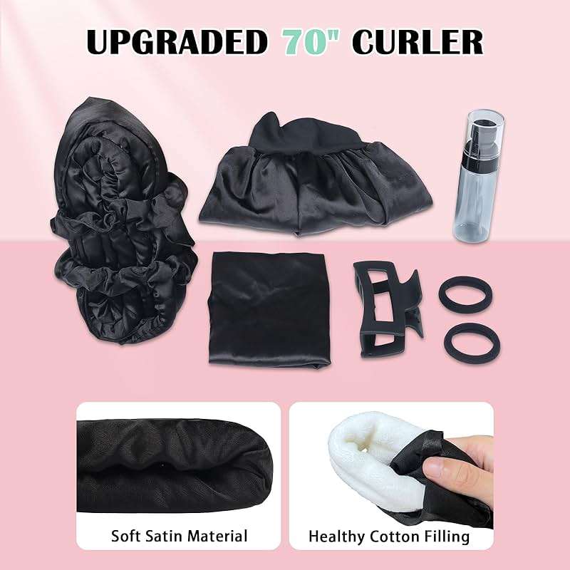 Gwabee Satin Heatless Curls Overnight Hair Curlers to Sleep In Hair Curler Rollers No Heat Hair Wrap for Curls Headband, 70" Satin Heatless Curling Rod Set for Women Long Waves Hair Volume -Black 9PCS - Image 3