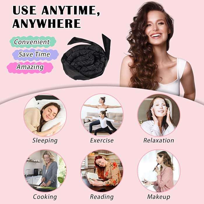 Gwabee Satin Heatless Curls Overnight Hair Curlers to Sleep In Hair Curler Rollers No Heat Hair Wrap for Curls Headband, 70" Satin Heatless Curling Rod Set for Women Long Waves Hair Volume -Black 9PCS - Image 6