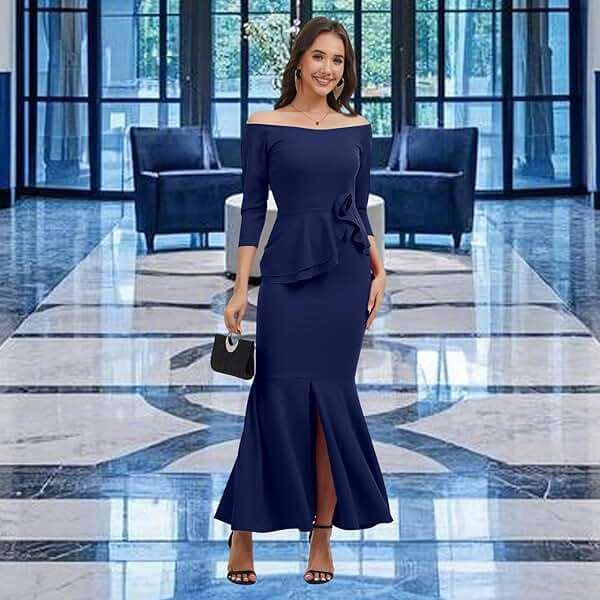 Women's Elegant Formal Mermaid Maxi Dress Off Shoulder Long Sleeve Wedding Split Evening Gown Prom Cocktail Party Dresses - Image 5