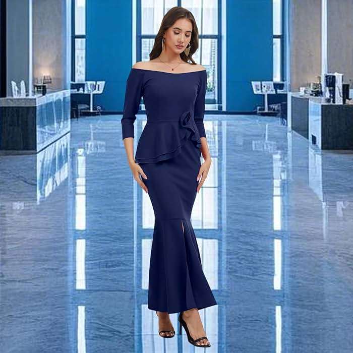 Women's Elegant Formal Mermaid Maxi Dress Off Shoulder Long Sleeve Wedding Split Evening Gown Prom Cocktail Party Dresses - Image 6