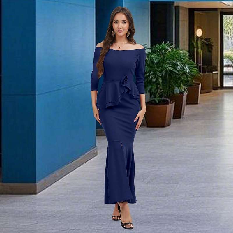 Women's Elegant Formal Mermaid Maxi Dress Off Shoulder Long Sleeve Wedding Split Evening Gown Prom Cocktail Party Dresses - Image 8