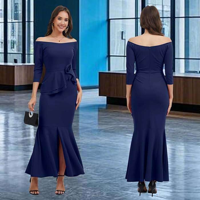 Women's Elegant Formal Mermaid Maxi Dress Off Shoulder Long Sleeve Wedding Split Evening Gown Prom Cocktail Party Dresses - Image 9