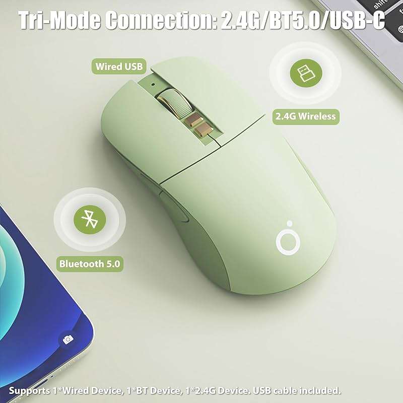 TISHLED Wireless Gaming Mouse Tri-Mode 2.4GHz/Bluetooth 5.0/Wired USB-C 5-Level DPI Rechargeable Ergonomic Silent Optical Mice for iMac/MacBook/Computer/Laptop, Matcha Green - Image 2