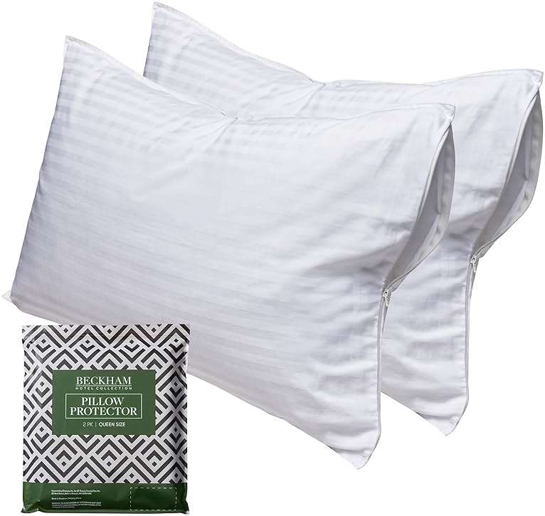 Beckham Hotel Collection Queen Size White Pillow Protector with Zipper Set of 2, Soft and Breathable Cotton Pillow Protector Covers - Image 1