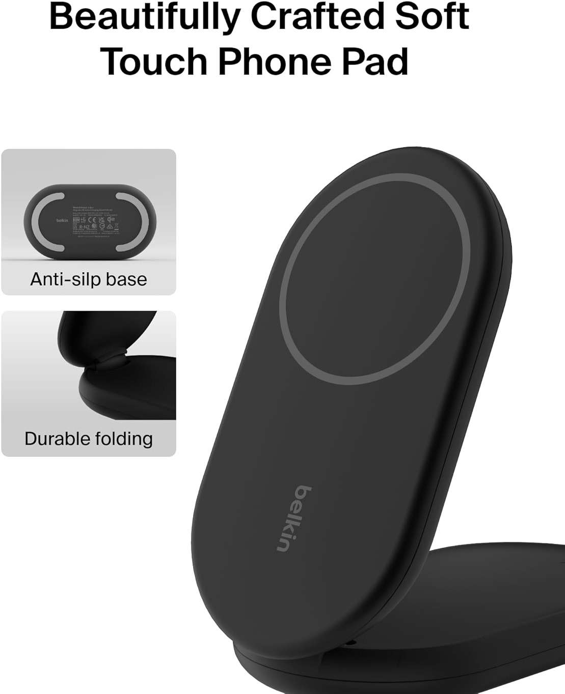 Belkin MagSafe-Compatible Charger, 2-in-1 Magnetic Foldable Charger 15W - Qi2-Certified Wireless Charging for Apple iPhone 16, Apple Watch, Samsung Galaxy S25 w/Non-Slip Base, PSU Included - Black - Image 5
