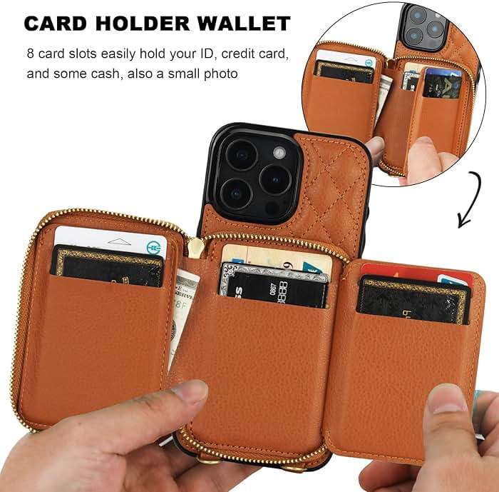 Bocasal Crossbody Wallet Case for iPhone 16 Pro Max, RFID Blocking PU Leather Zipper Handbag Purse Flip Cover, Kickstand Folio Case with Card Slots Holder Wrist Strap Lanyard 5G 6.9 Inch (Brown) - Image 4