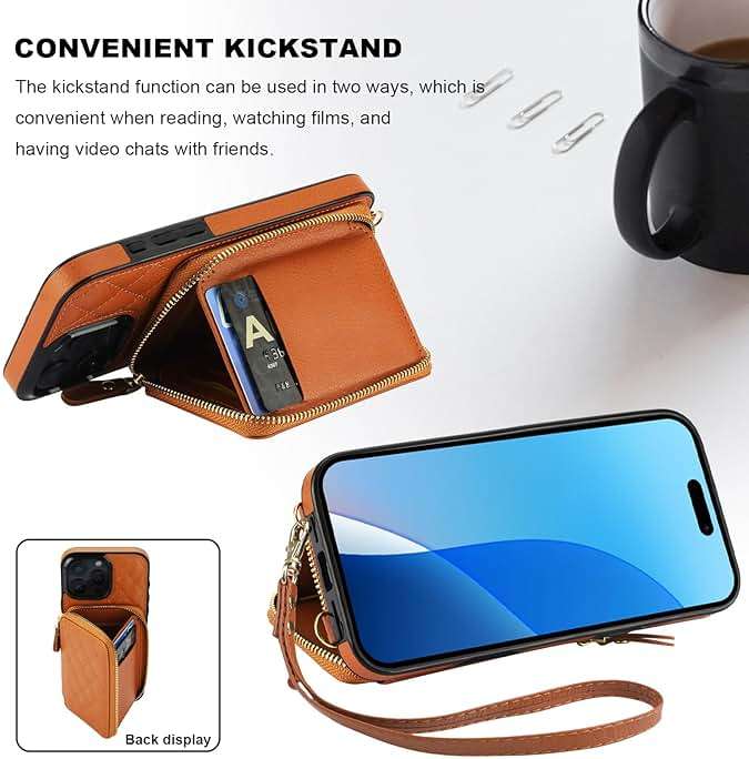 Bocasal Crossbody Wallet Case for iPhone 16 Pro Max, RFID Blocking PU Leather Zipper Handbag Purse Flip Cover, Kickstand Folio Case with Card Slots Holder Wrist Strap Lanyard 5G 6.9 Inch (Brown) - Image 6