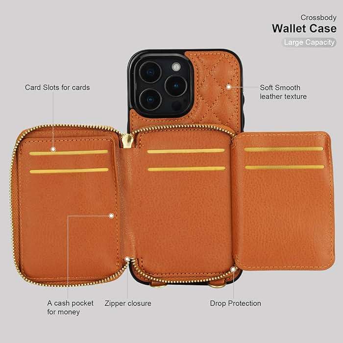 Bocasal Crossbody Wallet Case for iPhone 16 Pro Max, RFID Blocking PU Leather Zipper Handbag Purse Flip Cover, Kickstand Folio Case with Card Slots Holder Wrist Strap Lanyard 5G 6.9 Inch (Brown) - Image 7