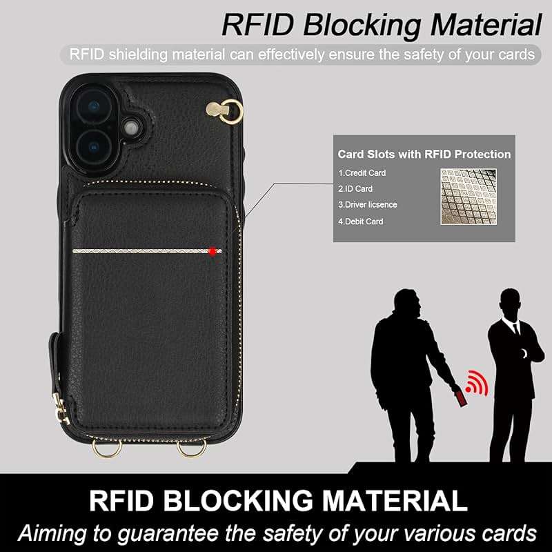 Bocasal Crossbody Wallet Case for iPhone 16 Plus, RFID Blocking Leather Purse Case with Card Holder, Protective Handbag Flip Cover with Zipper Wrist Strap Lanyard for Women 5G 6.7 Inch (Black) - Image 4