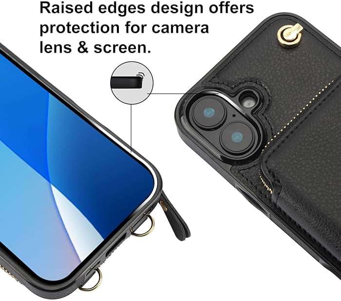 Bocasal Crossbody Wallet Case for iPhone 16 Plus, RFID Blocking Leather Purse Case with Card Holder, Protective Handbag Flip Cover with Zipper Wrist Strap Lanyard for Women 5G 6.7 Inch (Black) - Image 7