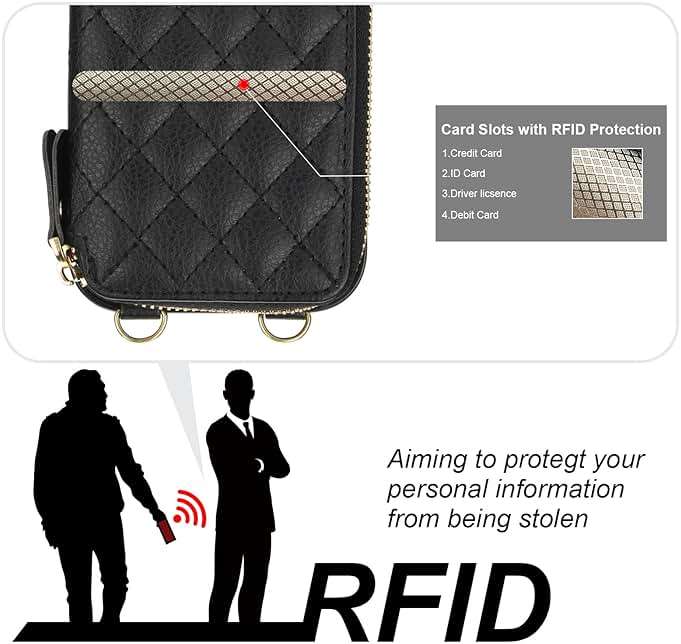 Bocasal Crossbody Wallet Case for iPhone 16 Pro, RFID Blocking PU Leather Zipper Handbag Purse Flip Cover, Kickstand Folio Case with Card Slots Holder Wrist Strap Lanyard 5G 6.3 Inch (Black) - Image 3