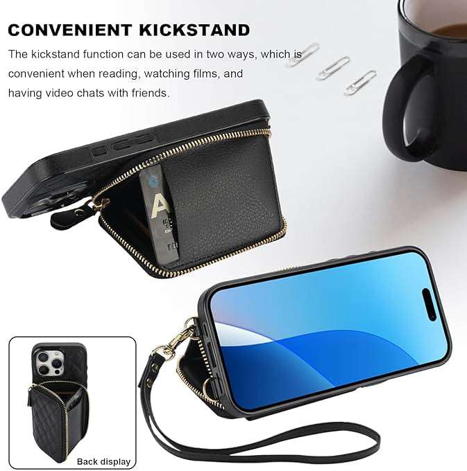 Bocasal Crossbody Wallet Case for iPhone 16 Pro, RFID Blocking PU Leather Zipper Handbag Purse Flip Cover, Kickstand Folio Case with Card Slots Holder Wrist Strap Lanyard 5G 6.3 Inch (Black) - Image 6