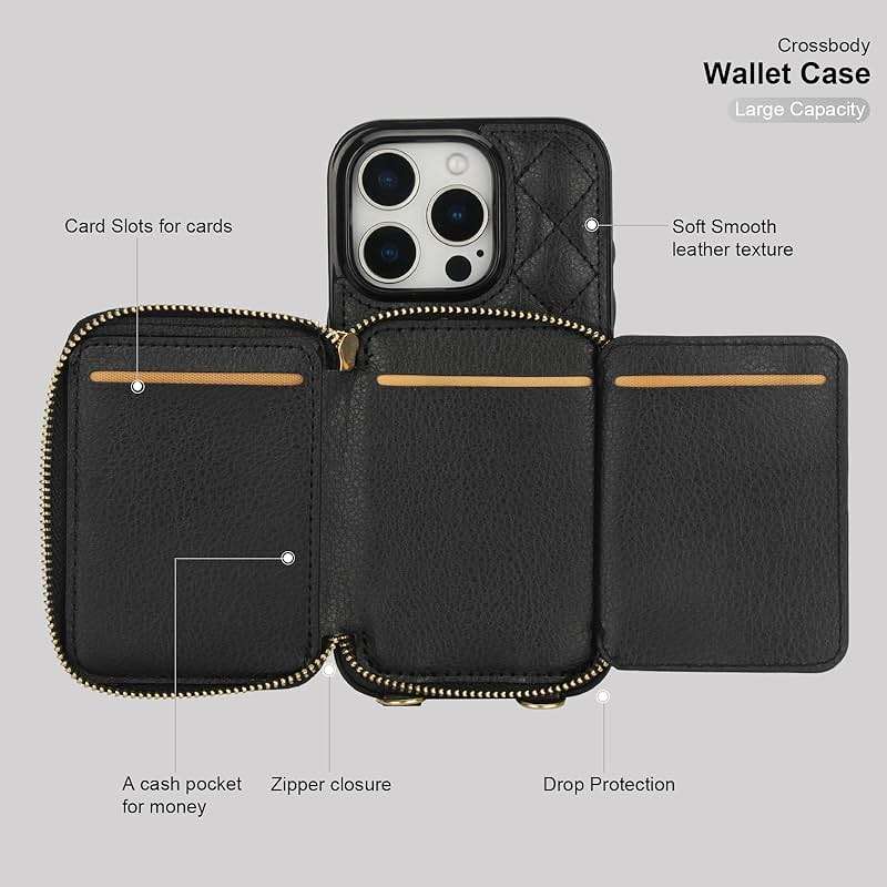 Bocasal Crossbody Wallet Case for iPhone 16 Pro, RFID Blocking PU Leather Zipper Handbag Purse Flip Cover, Kickstand Folio Case with Card Slots Holder Wrist Strap Lanyard 5G 6.3 Inch (Black) - Image 7