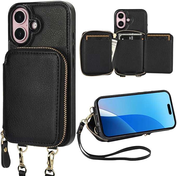 Bocasal RFID Blocking Wallet Case for iPhone 16, Adjustable Crossbody Zipper Purse Case Card Holder with Kickstand Detachable Wrist Strap, PU Leather Flip Folio Case 6.1 Inch 5G (Black) - Image 1