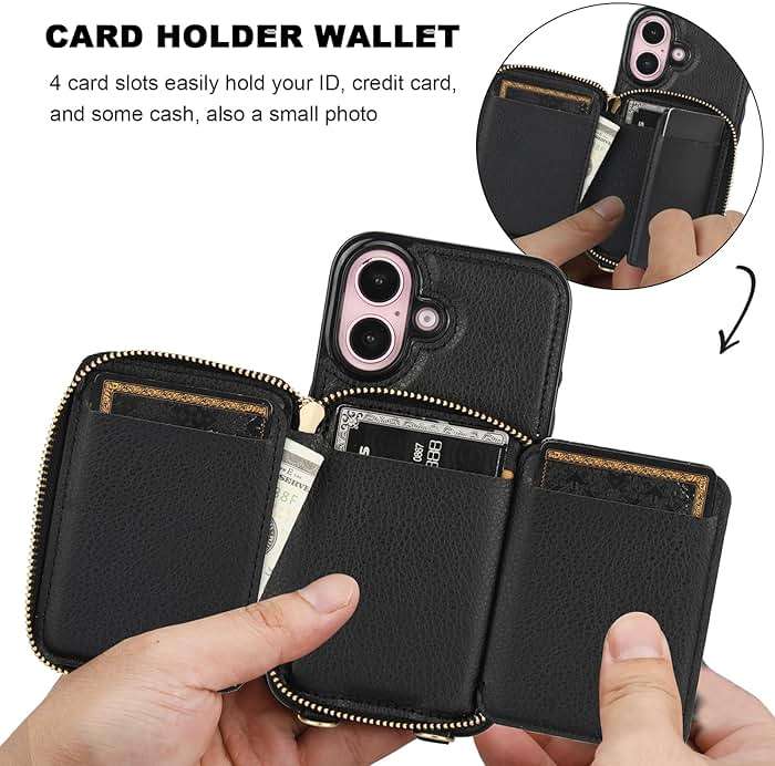 Bocasal RFID Blocking Wallet Case for iPhone 16, Adjustable Crossbody Zipper Purse Case Card Holder with Kickstand Detachable Wrist Strap, PU Leather Flip Folio Case 6.1 Inch 5G (Black) - Image 4