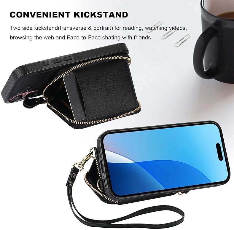 Bocasal RFID Blocking Wallet Case for iPhone 16, Adjustable Crossbody Zipper Purse Case Card Holder with Kickstand Detachable Wrist Strap, PU Leather Flip Folio Case 6.1 Inch 5G (Black) - Image 6