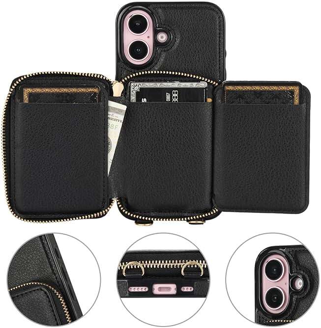 Bocasal RFID Blocking Wallet Case for iPhone 16, Adjustable Crossbody Zipper Purse Case Card Holder with Kickstand Detachable Wrist Strap, PU Leather Flip Folio Case 6.1 Inch 5G (Black) - Image 7