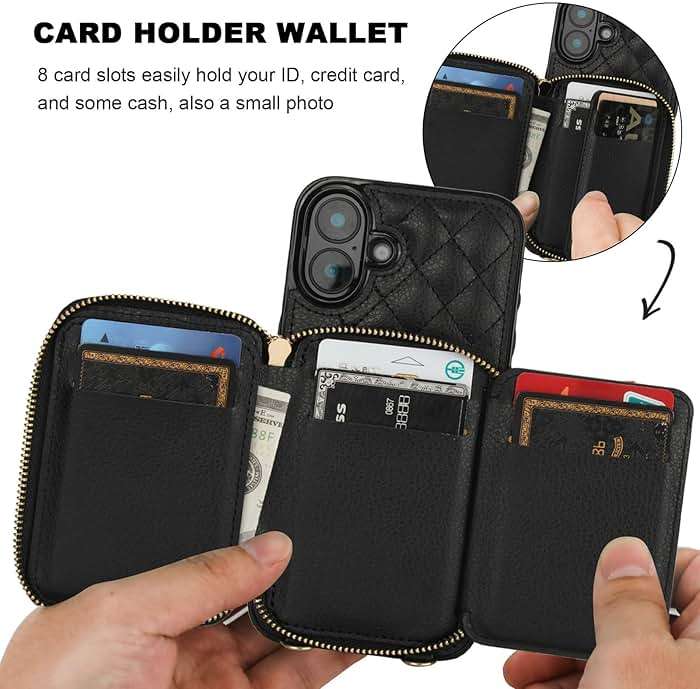 Bocasal Crossbody Wallet Case for iPhone 16 Plus, RFID Blocking PU Leather Zipper Handbag Purse Flip Cover, Kickstand Folio Case with Card Slots Holder Wrist Strap Lanyard 5G 6.7 Inch (Black01) - Image 4