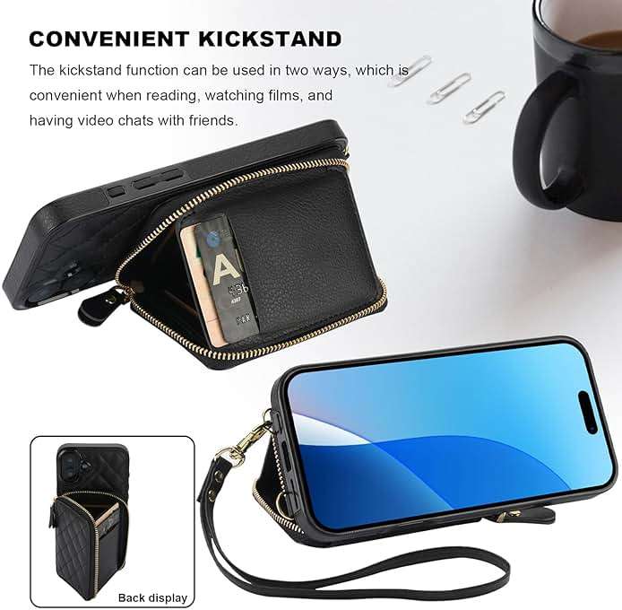 Bocasal Crossbody Wallet Case for iPhone 16 Plus, RFID Blocking PU Leather Zipper Handbag Purse Flip Cover, Kickstand Folio Case with Card Slots Holder Wrist Strap Lanyard 5G 6.7 Inch (Black01) - Image 6