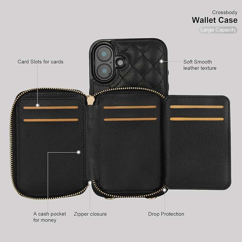 Bocasal Crossbody Wallet Case for iPhone 16 Plus, RFID Blocking PU Leather Zipper Handbag Purse Flip Cover, Kickstand Folio Case with Card Slots Holder Wrist Strap Lanyard 5G 6.7 Inch (Black01) - Image 7
