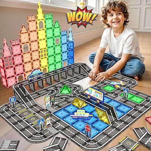 IGIVI 104 PCS Magnetic Tiles Road Set, STEM Construction Toys for Kids Ages 3-5 5-7 4-8, Magnet Building Blocks for Toddler Toys Games, Christmas Birthday Gifts for 3+ Year Old Boys Girls - Image 2